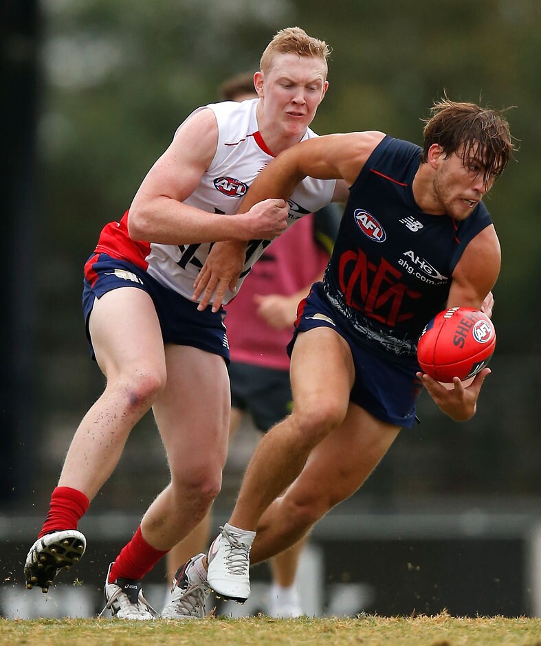 AFL 2016 Training - Melbourne Intra-Club Match Clayton Oliver is refining his tackling technique after being fined for a sling tackle - ${keywords}